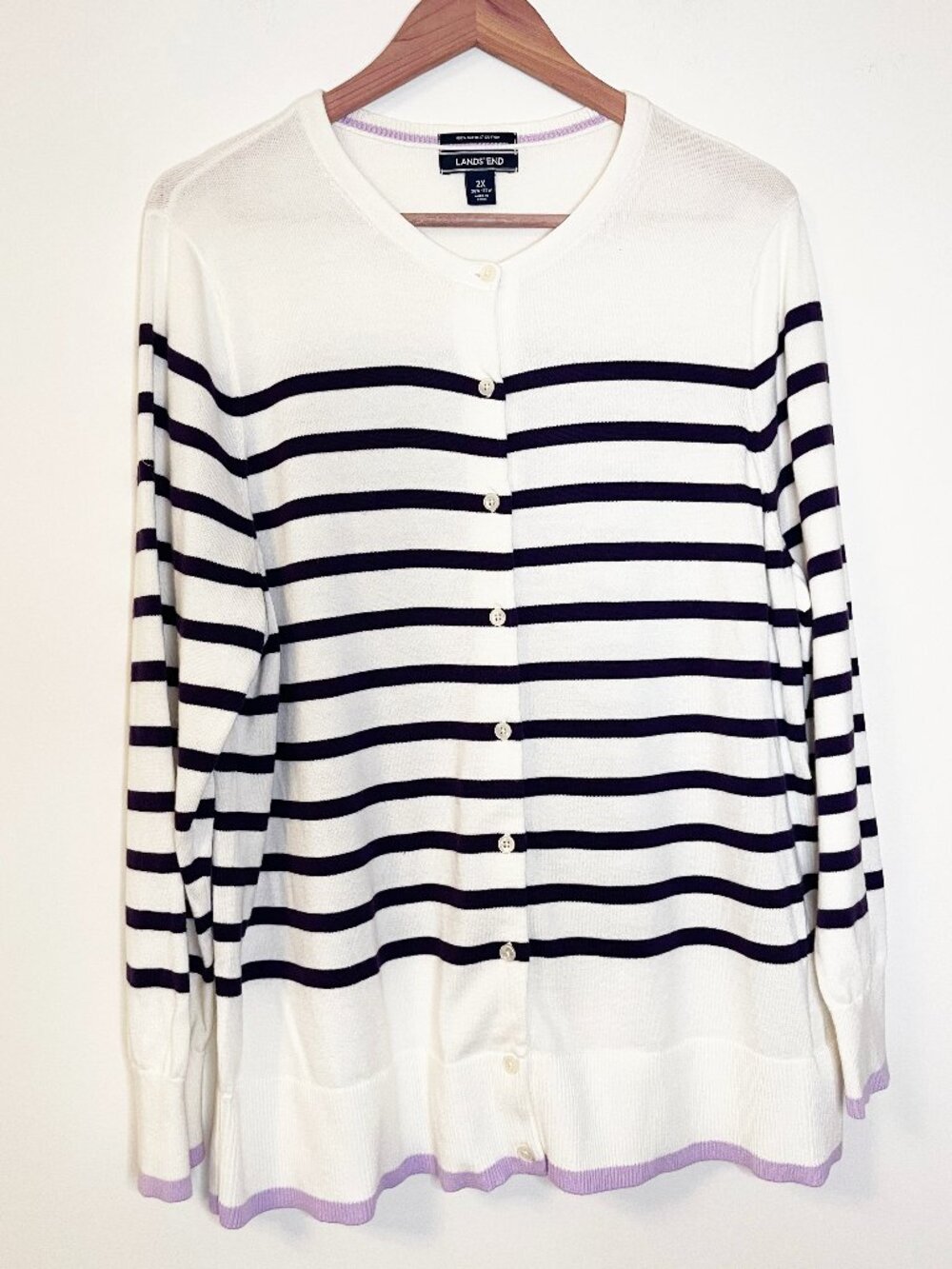 Lands’ End 2X Supima Cotton Striped Cardigan Sweater Ivory Purple Preppy Coastal